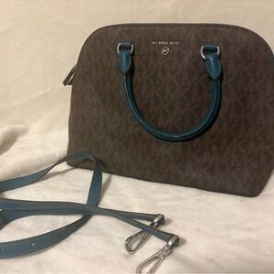 Michael Kors Brown Logo Satchel with Teal Trim and Strap